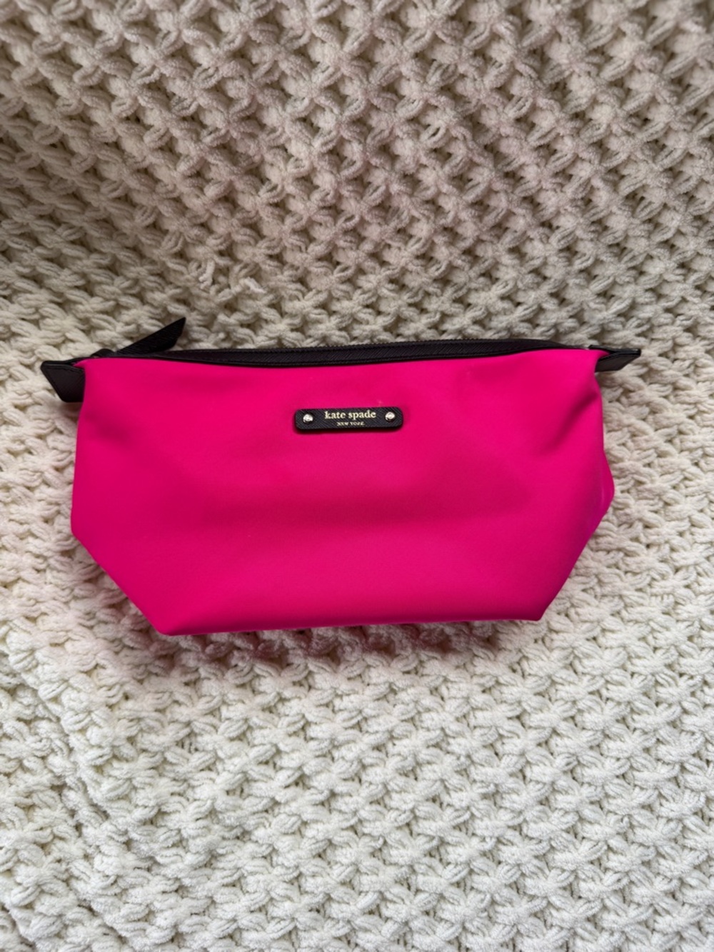 kate spade Bright Pink Nylon Cosmetic Bag with Black Leather Trim